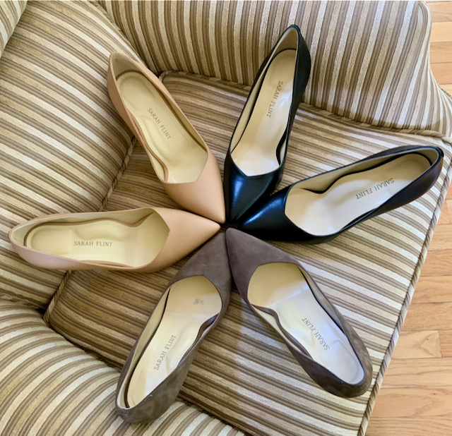 3 Sarah Flint Perfect Pumps in black leather, nude leather, and taupe suede